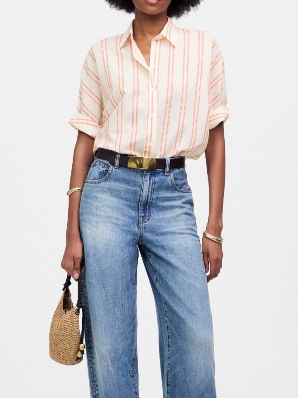 Madewell Oversized Pleated Sleeve Button Up Shirt in Bright Flame Stripe | XXL - Picture 13 of 14
